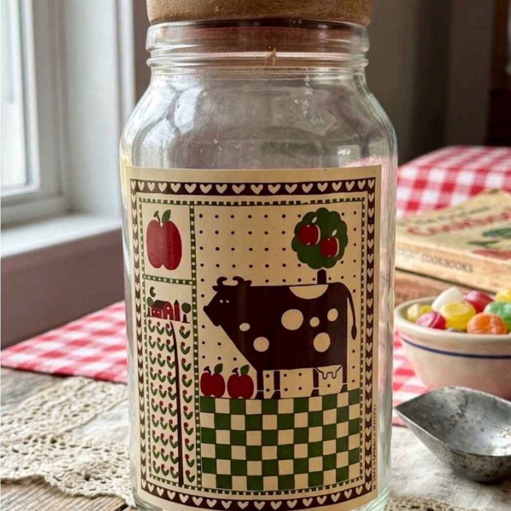 Vintage Farmhouse Cow Glass Jar with Wood Lid - Brown & Green